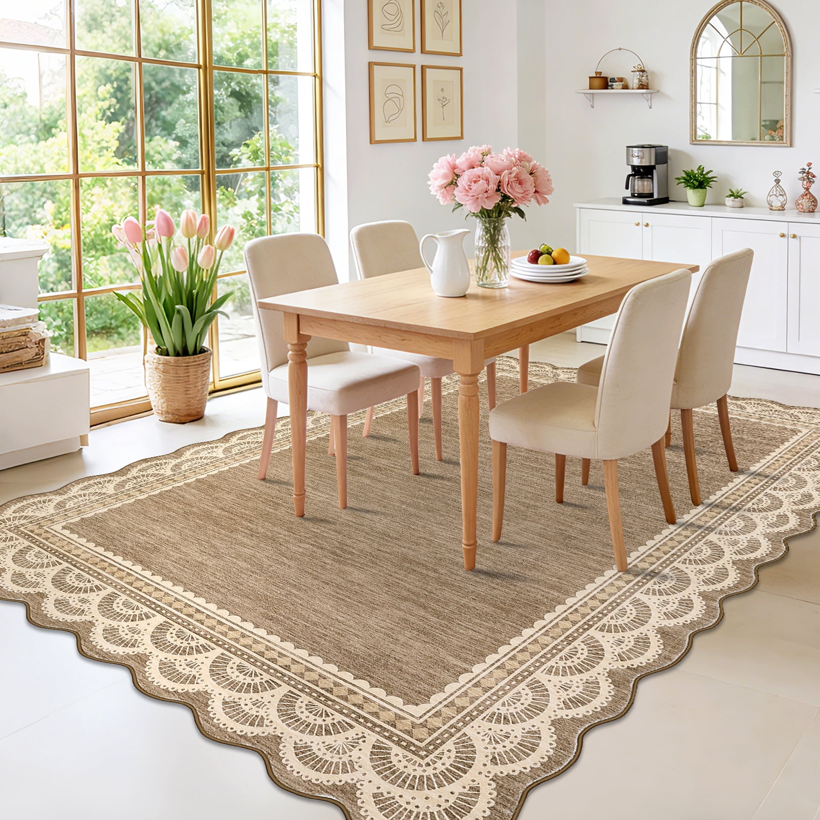 Garvee 9'x12' Scalloped Area Rug Modern Lace Edge Carpet, Washable Solid Rug Non-Slip Low Pile Indoor Mats for Living Room Bedroom Home Decor, Brown
