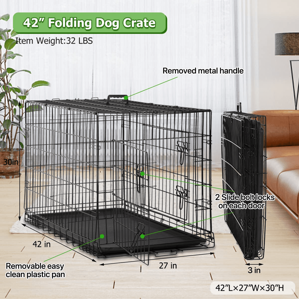 Dkelincs 42" XL Foldable Dog Crate Metal Dog Cage Kennel with Double Door & Tray, Black