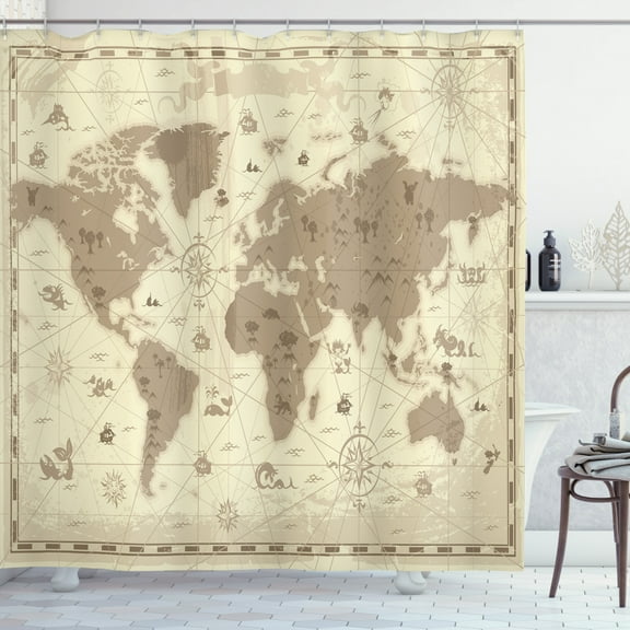 Ambesonne Map Shower Curtain, Aged World Monsters Compass, 69"Wx75"L, Sepia Pale Yellow