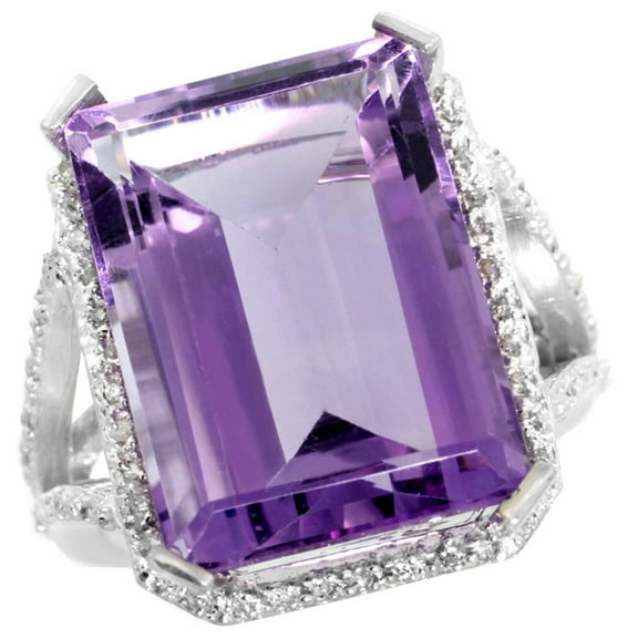 10K White Gold Natural Diamond Amethyst Ring Emerald-cut 18x13mm, size 5