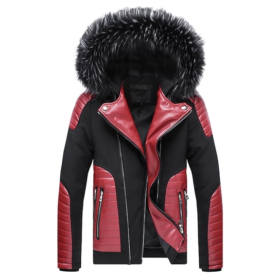 Fesfesfes Men's Winter Jacket Plush Collar Color Block Jacket Detachable Hooded Jacket Thickened Padded Jacket Clearance