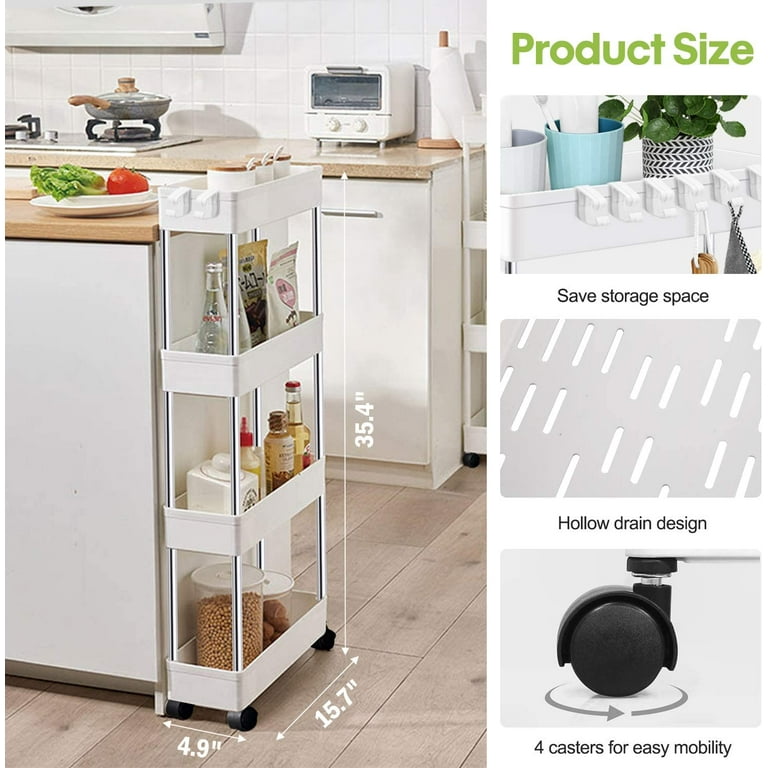 2/3/4 Layer Gap Storage Rack Kitchen Slim Slide Tower Movable Assemble  Plastic Bathroom Shelf Wheels Space Saving Organizer 