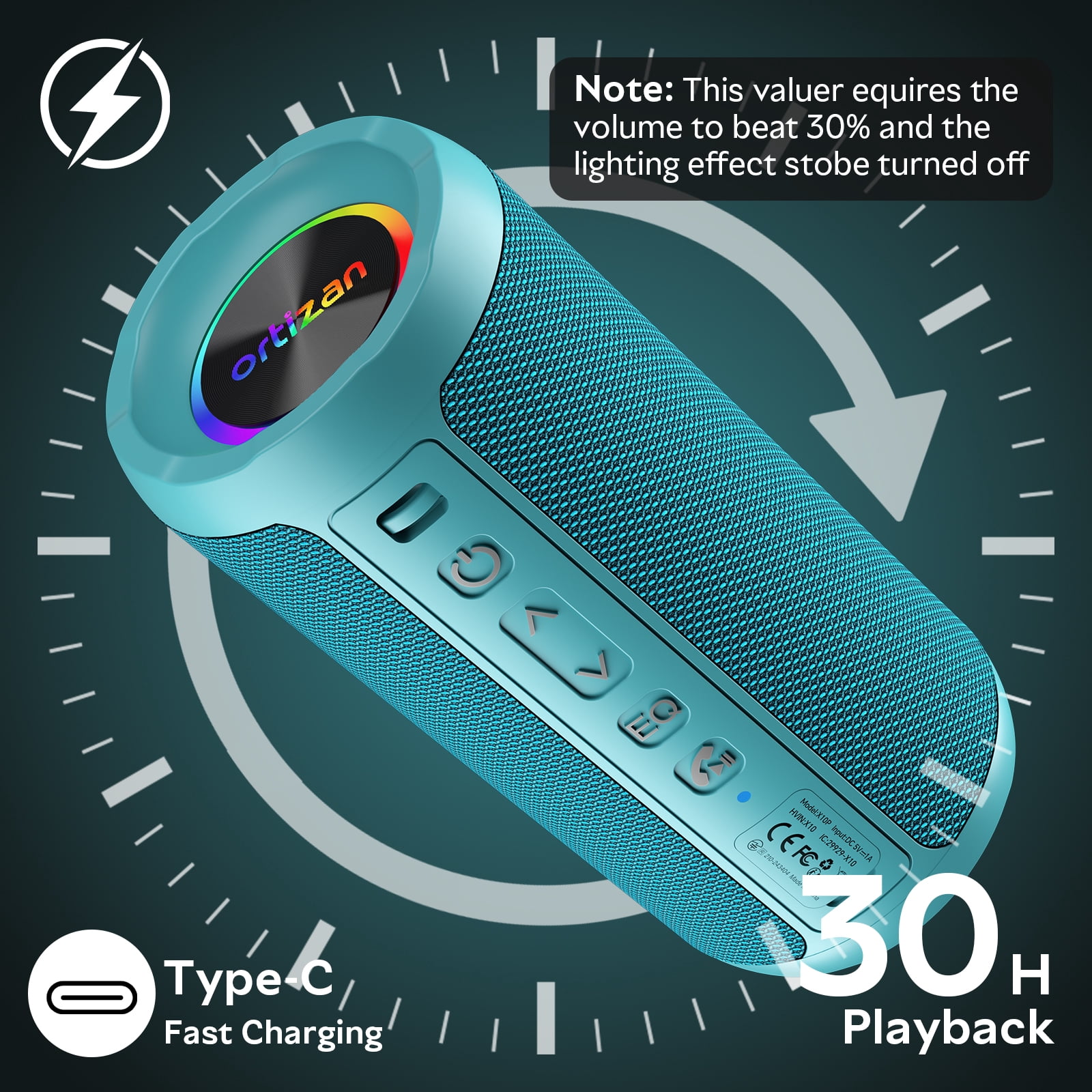 Ortizan X10B 24W Bass Boost Bluetooth Speaker, IPX7 Waterproof, 30H Playtime, Multi-Colored Lights