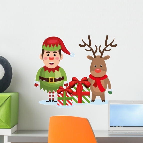 Elf Reindeer Christmas Gift Wall Decal Wallmonkeys Peel and Stick Holiday Graphics (18 in H x 18 in W) WM502531
