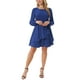 thumbnail image 1 of Vestido de mujer Inspire Chic de otoño, cuello redondo, manga larga, con cinturón en la cintura, volantes, mini, estilo skater, color azul oscuro, 1 of 5