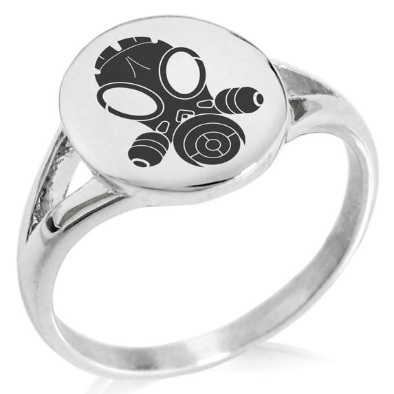 Stainless Steel Biohazard Gas Mask Minimalist Oval Top Polished Statement Signet Ring