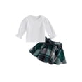 thumbnail image 2 of Aojekbee Toddler Girls Fall Outfits Solid Ribbed Long Sleeve Tops with Plaid Print A-Line Skirt and Belt Set, 2 of 10
