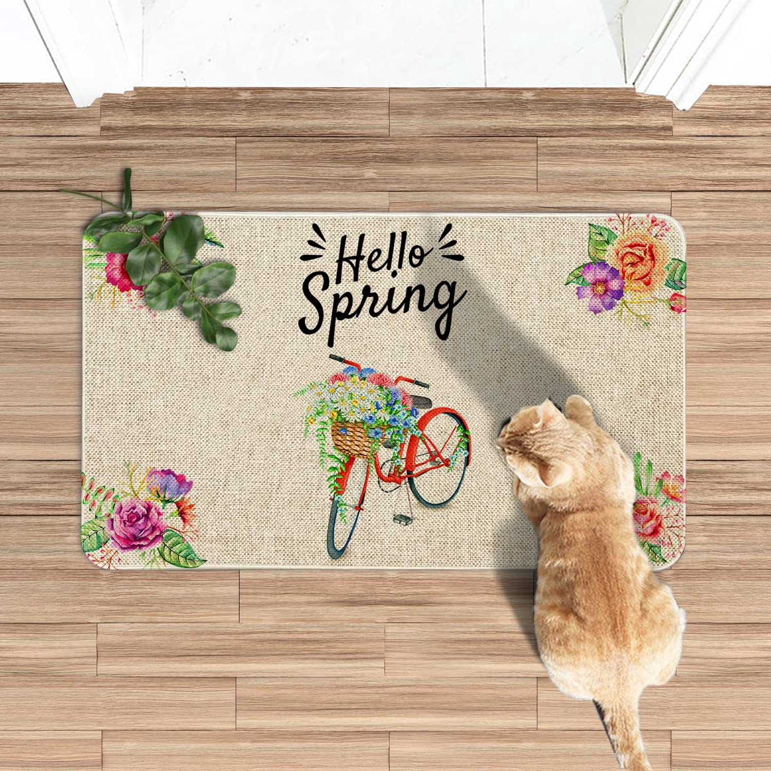 Spring Door Mat 30 X 17 Inch Spring Bike with Flowers Doormat Indoor Outdoor Entrance Floor Mat Non Slip Spring Decor Rubber Mats