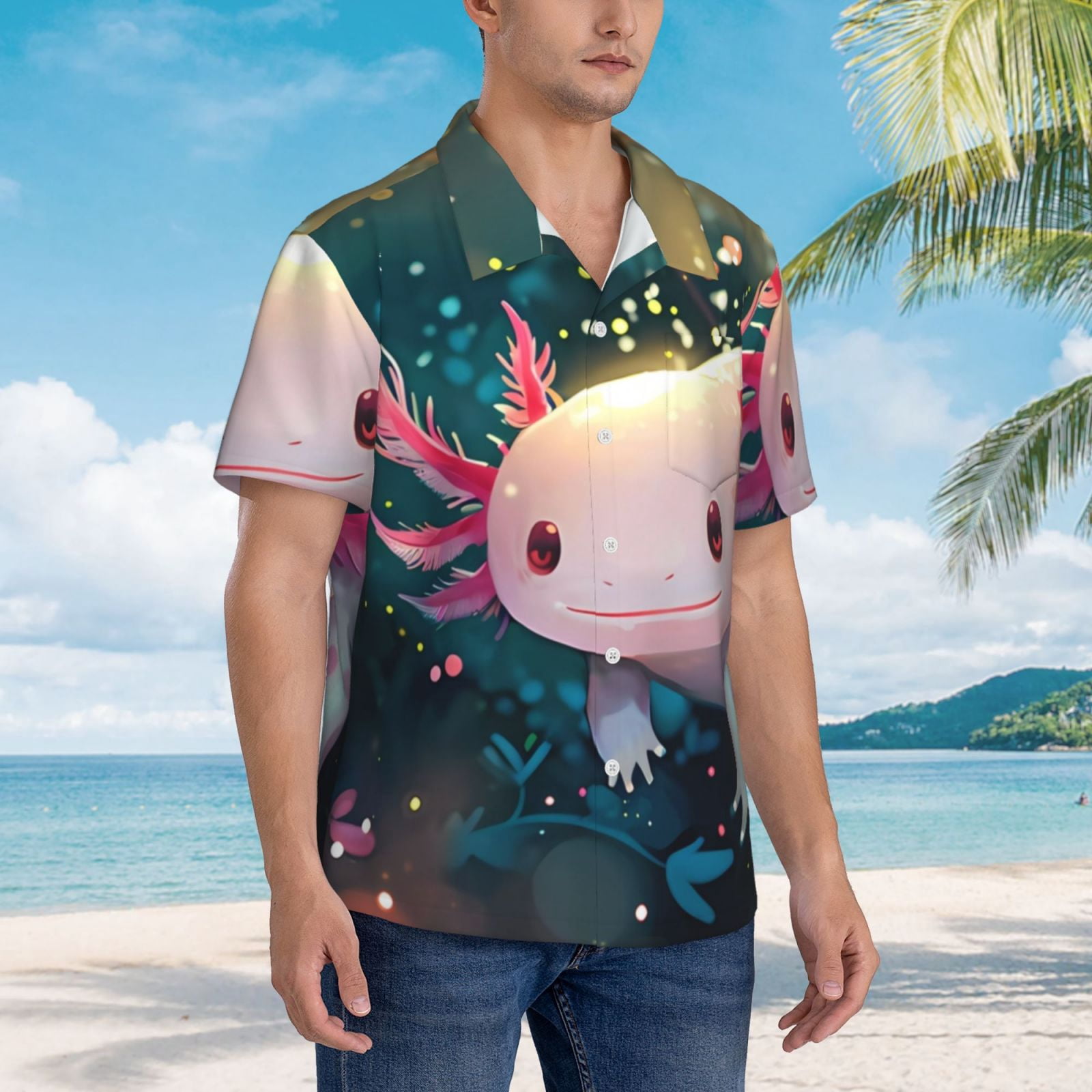 Logiee Whimsical Axolotl Fantasy Print Mens Hawaiian Shirts,Loose-Fit Short Sleeve Button Down Tropical Aloha Beach Shirt,Summer Vacation Wedding Tops,3X-Large