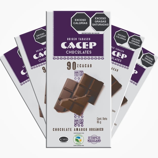 CACEP | Chocolate Orgánico Amargo 90% cacao | 5 Pack barras de 85g c/u | Bajo en azúcar | Sin lácteos | Vegano | Snack Saludable