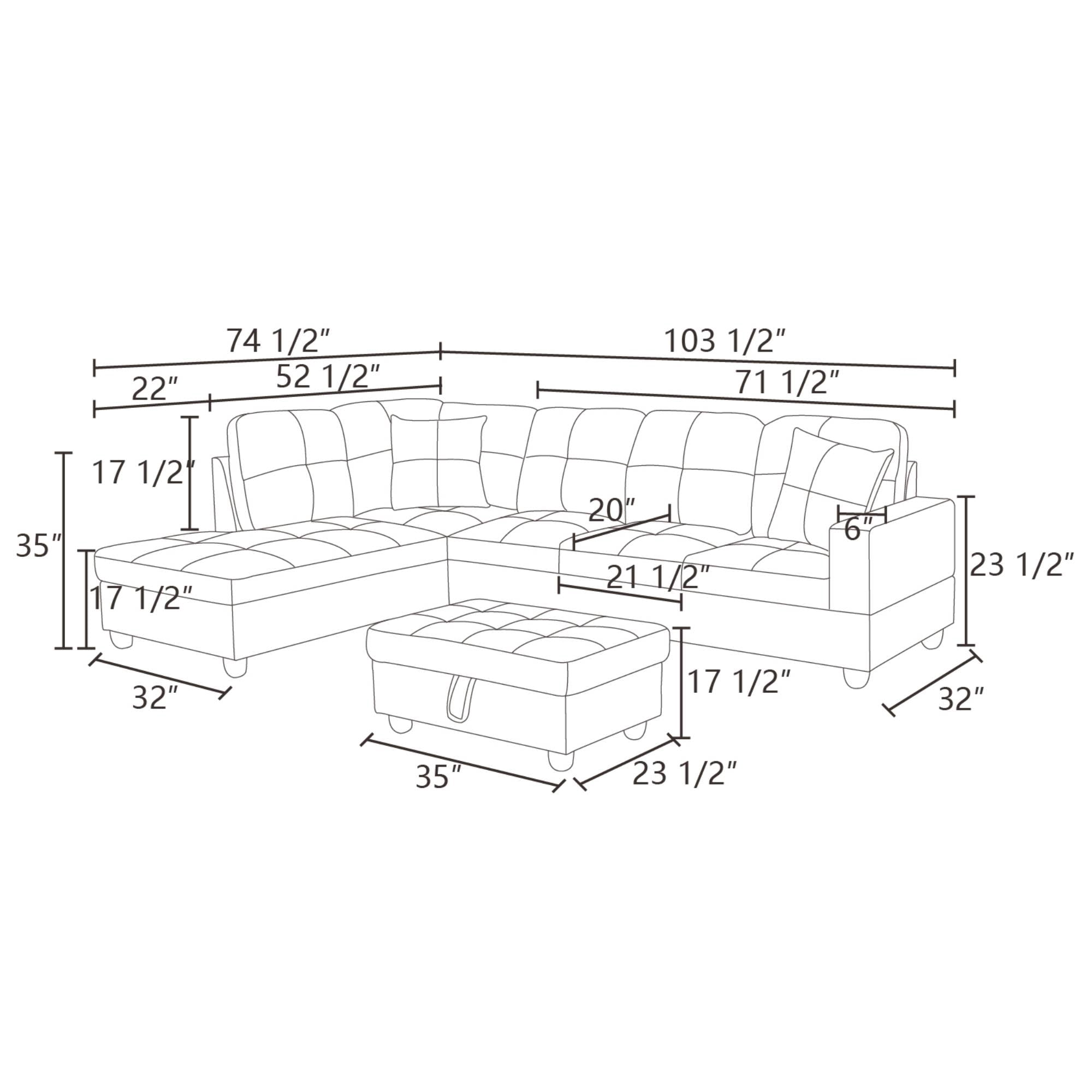 Sectional Sofa Couch, Leather L Shape Sofa Couch Set with Chaise and Storage Ottoman for Living Room, White