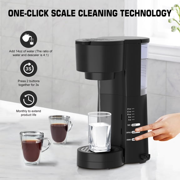 4IN1 Single Serve Coffee Maker with Milk Frother & Grinder, Small Coffee Machine for K Cup & Ground, 28oz Water Tank, 6 to 14 oz Brew Sizes, Self-cleaning Function, Adjustable Drip Tray