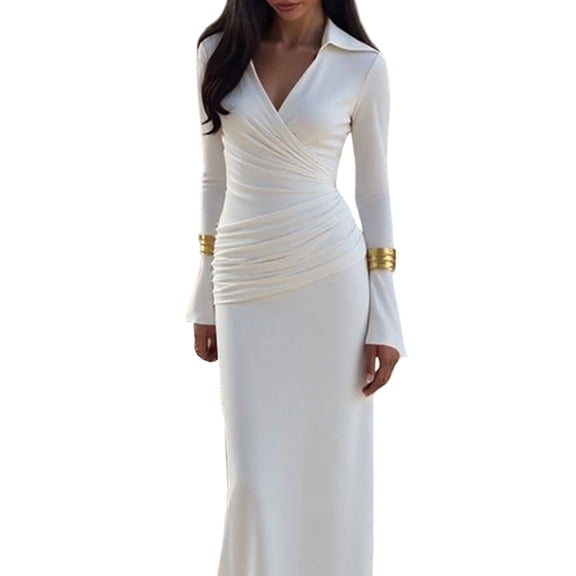 Women Long Sleeve Maxi Dress Deep V Neck Ruched Bodycon Elegant Semi Formal Wedding Guest Dresses White M