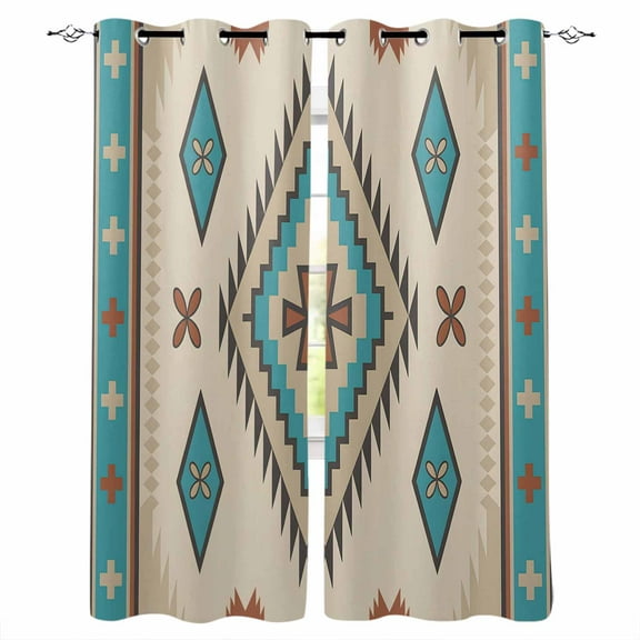 Fsddascl Teal Beige Boho Blackout Curtains for Bedroom/Living Room, Thermal Insulated Kitchen Curtains, Vintage Ethnic Tribe Abstract Art Grommet Darkening Window Treatment Drapes 52"x72"x2