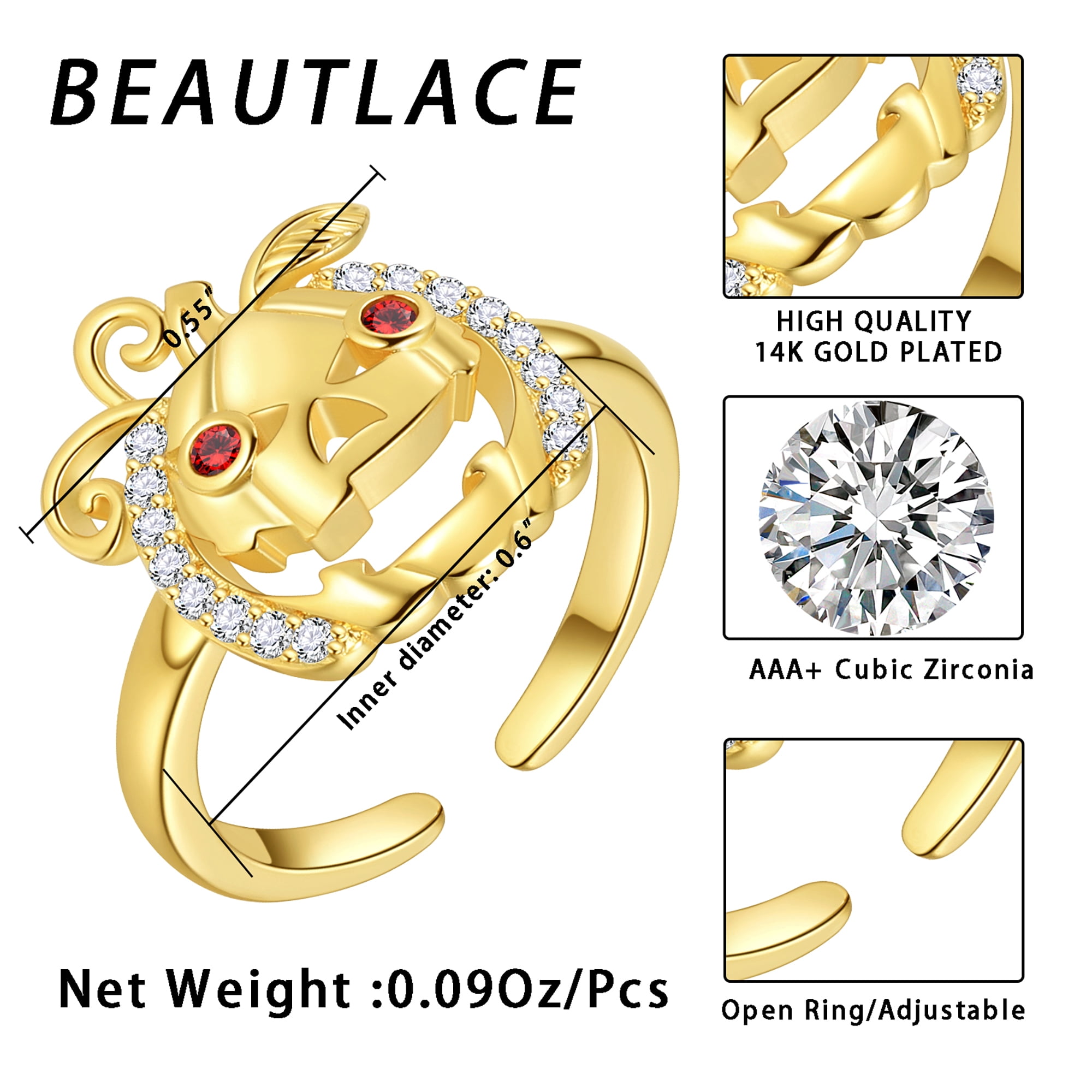 Beautlace Halloween Pumpkin Ring,14K Gold Plated Cute Pumpkin Ghost Ring Halloween Costume Theme Jewelry Gift for Women
