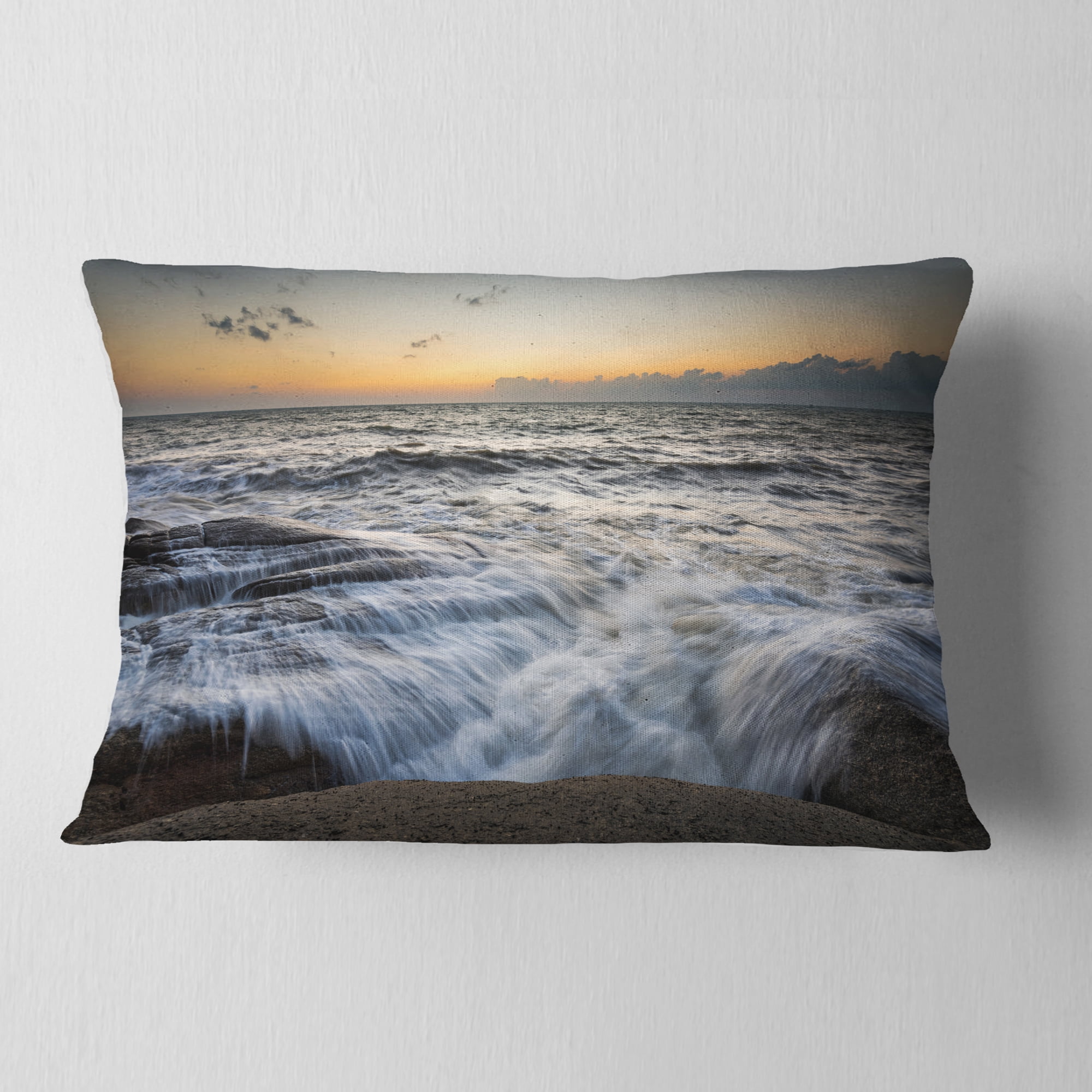 Designart Troubled Sunset Sea Waves - Beach Photo Throw Pillow - 12x20