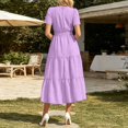 thumbnail image 4 of Bysome Women Dresses Solid Color Short Sleeve V-Neck Pleated Flowy Dress Summer Comfortable Women Dress Size L Purple, 4 of 5