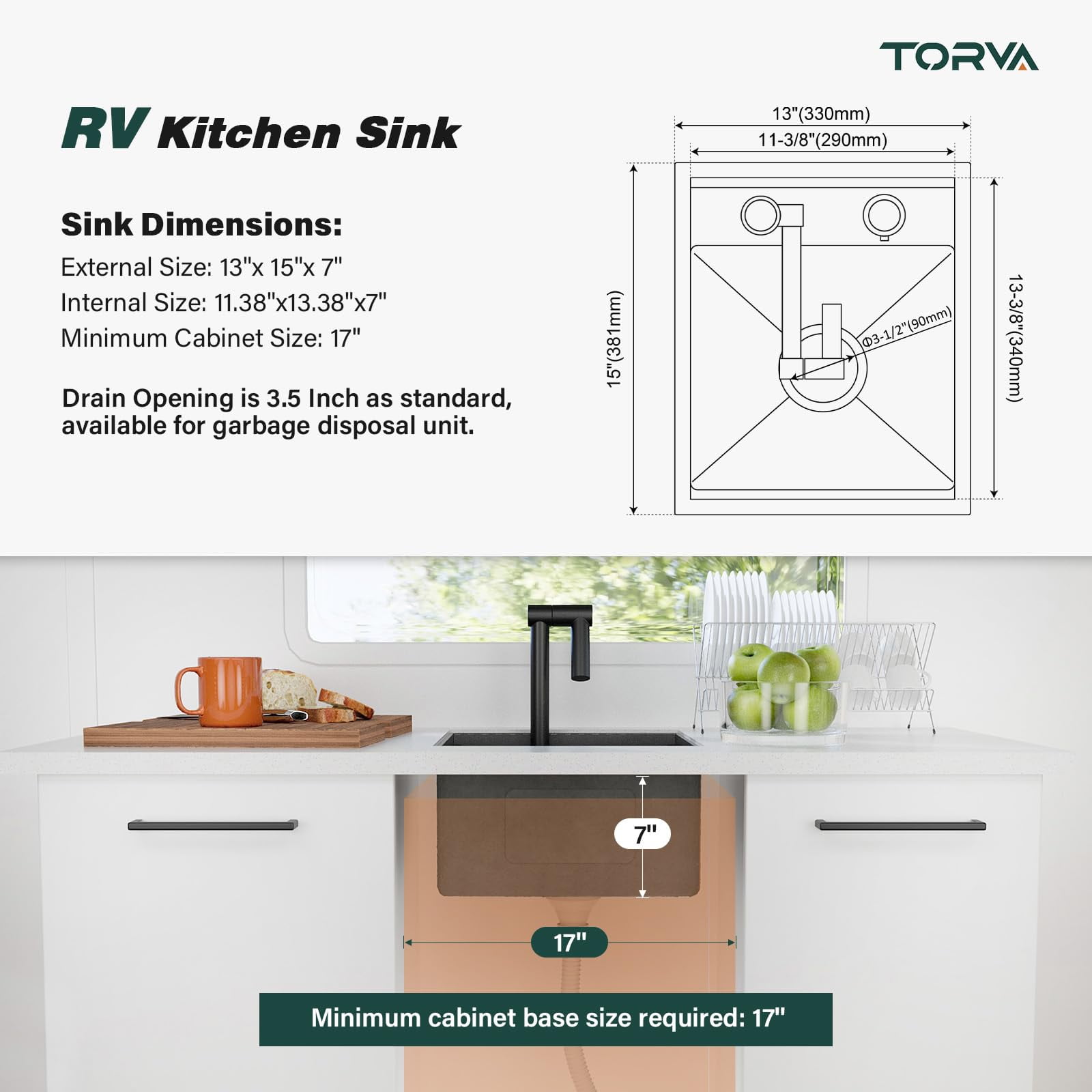 TORVA RV Kitchen Sink, 13 x 15 x 7 Inch Undermount Bar Sink 16 Gauge Stainless Steel Single Bowl Sink with Foldable Faucet Cutting Board, Dark Grey