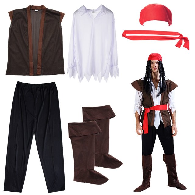 Disfraz de pirata para adultos, traje de pirata para hombre para cosplay, que incluye camisa, pantalones, chaleco, cubrebotas, pañuelo para la cabeza y cinturón, talla única