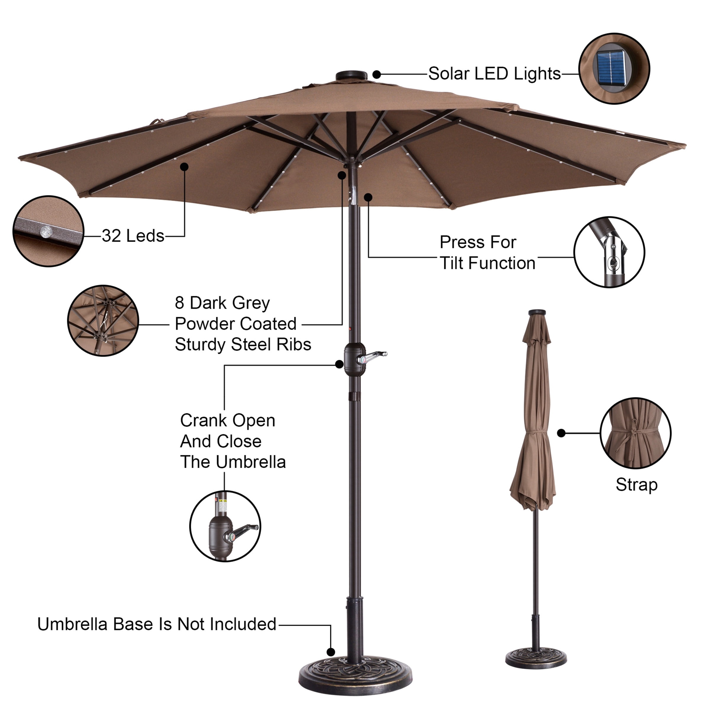 Villacera 9FT Outdoor Patio Umbrella with Solar Lights and Tilt, Brown