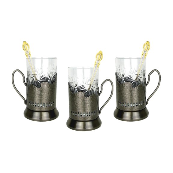 World Gifts 9 Piece Podstakannik Crystal Tempered Hot Tea Glasses with Metal Glass Holders