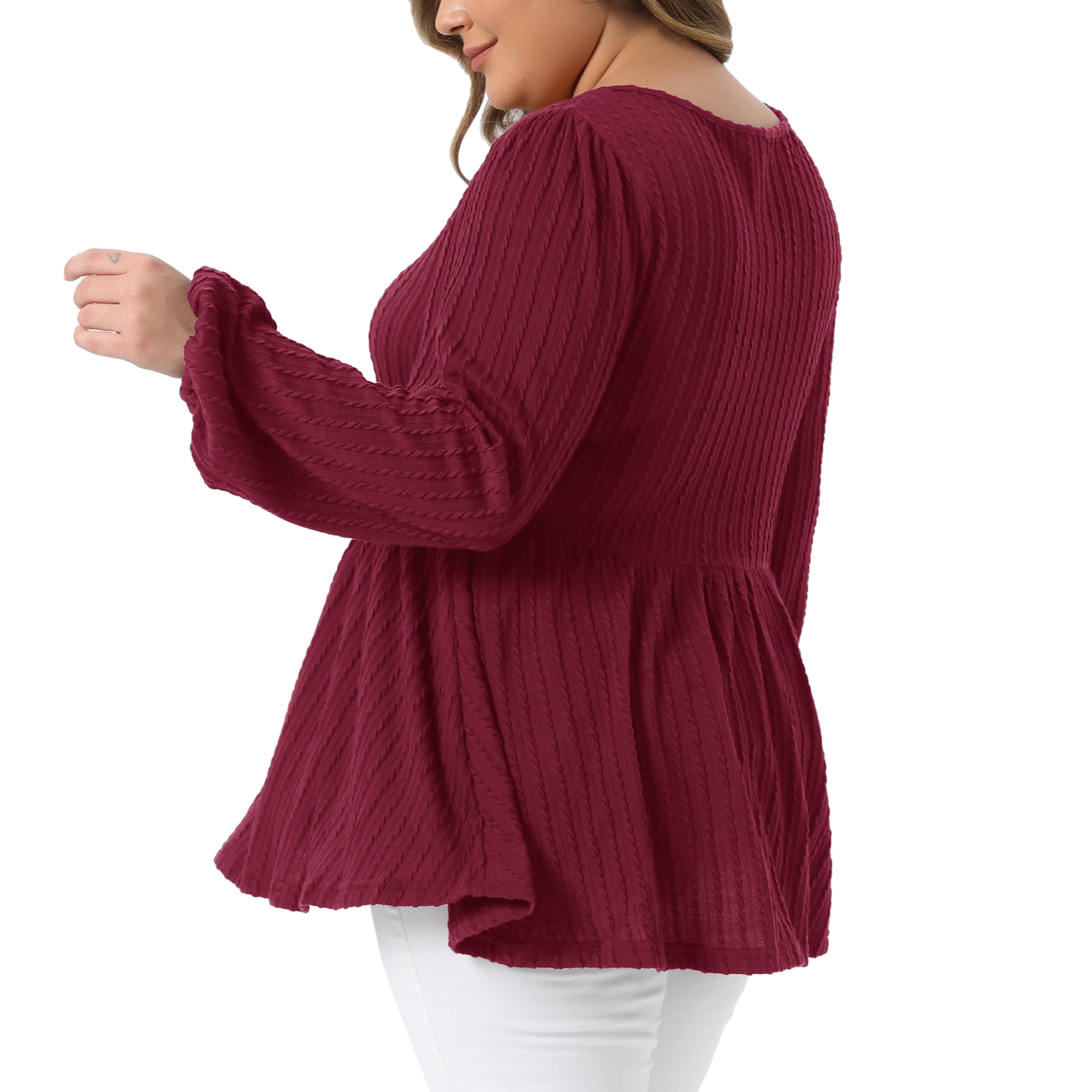 DARING DIVA Women's Plus Blouses Scoop Neck Ruffle Hem Peplum Knit Top 1X Wine Red