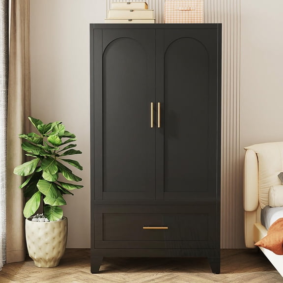 Kadyn Metal Wardrobe Cabinet with 1 Drawer Hanging Rod, Tall Storage Closet with Shelf for Bedroom Office, Black