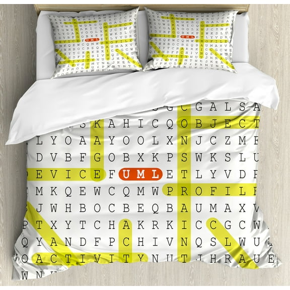 Word Search Game Duvet Cover Set, Unified Modeling Language Word Game with Highlighted Keywords, Decorative 3 Piece Bedding Set with 2 Pillow Shams, King Size, Black Yellow Orange, by Ambesonne