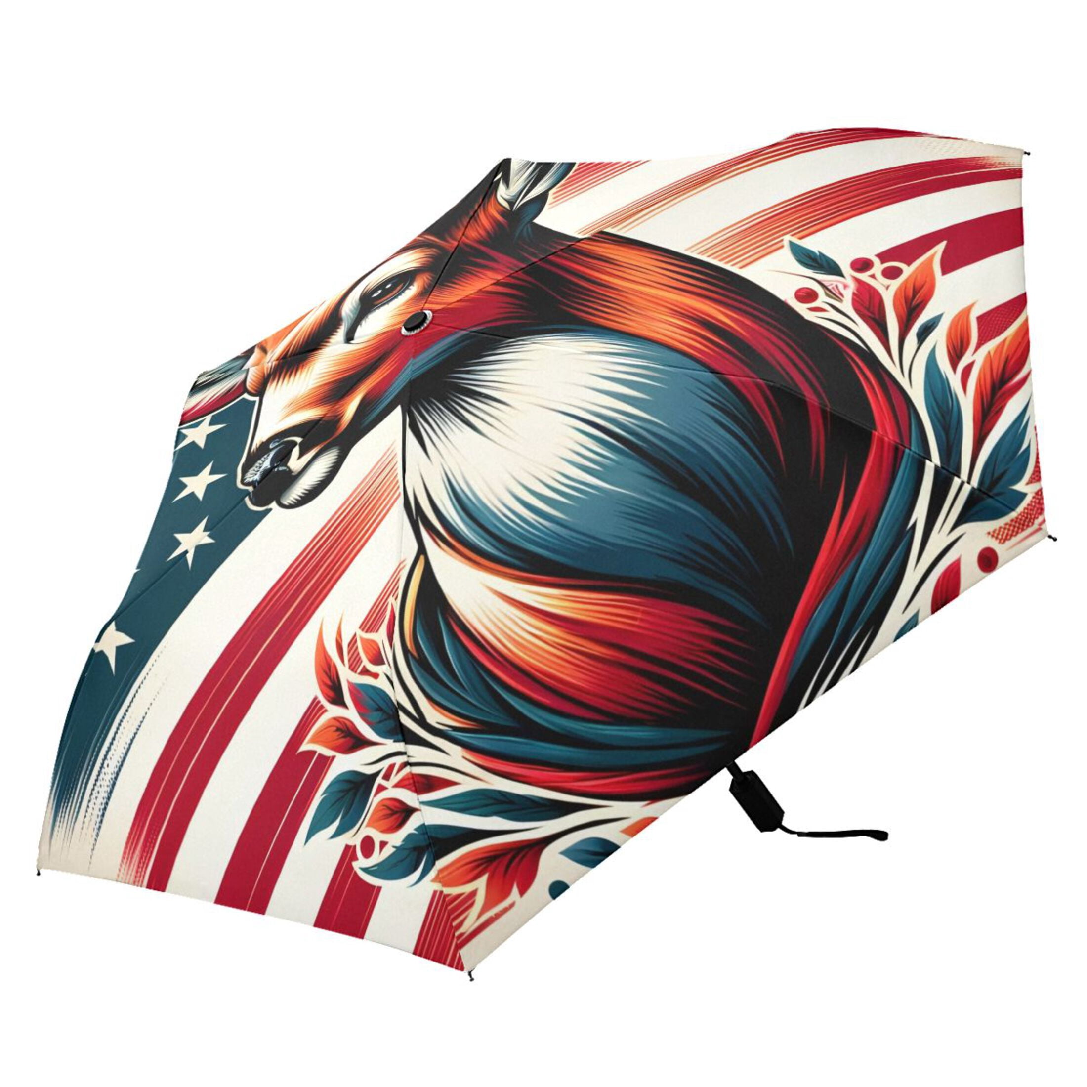 Beautiful Deer with American Flag Compact Sun Umbrella Windproof Travel Umbrellas for Rain Strong Portable UV Protection