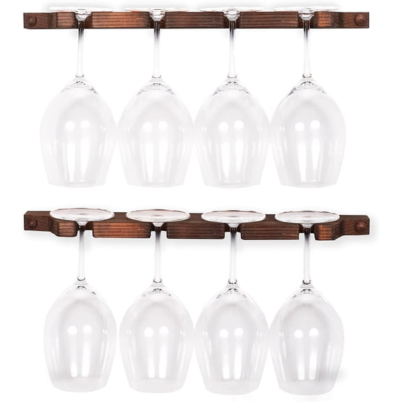 Suvla Wall Mounted Wood Stemware Rack Hanging Shelf Glassware Holder Bar Organizer with 8 Wine Glass Storage 17 Inch Long Walnut