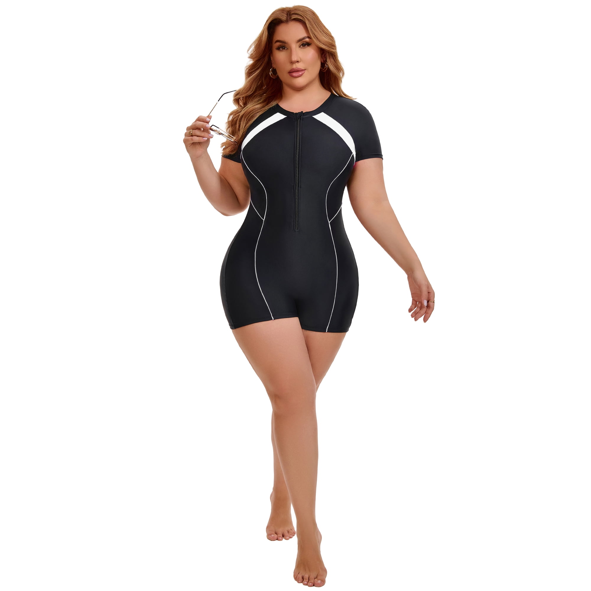 DARING DIVA Women's Plus 1 Piece Surfing with Short Swimwear 2X Black White