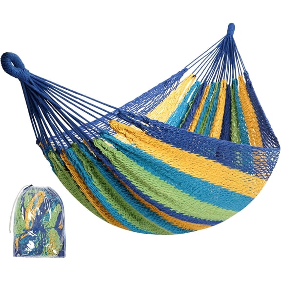 Handwoven Mayan Hammock Portable Family Size 120 Inch Long 67 Inch Wide 500 Lb Capacity Blue