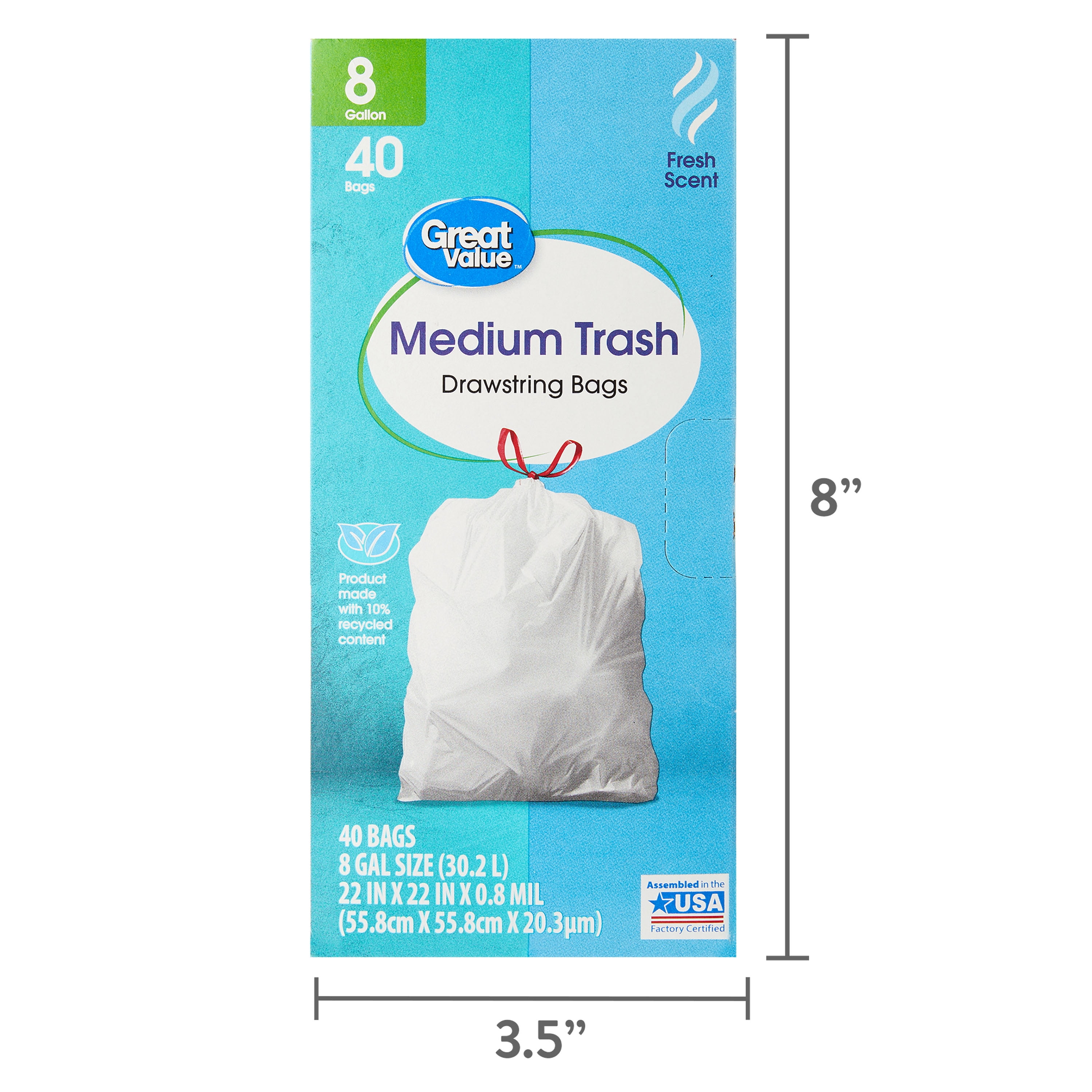 Great Value 8-Gallon White Drawstring Medium Trash Bags, Fresh Scent, 40 Bags