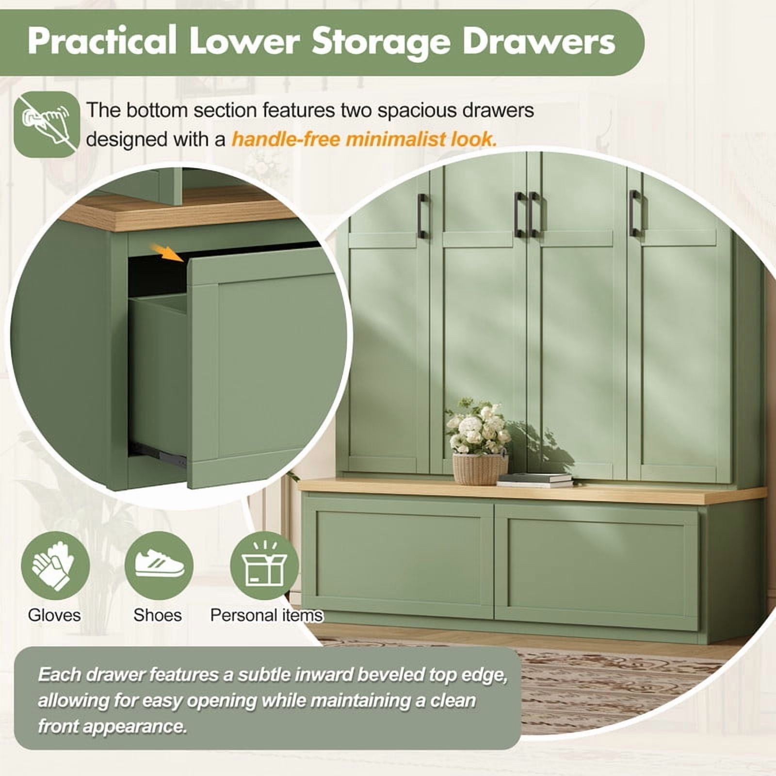Farmhouse Hall Tree w/ 4 Cabinets w/ Door, Mudroom Coat Rack w/ Open Shelves, Entryway Storage Shoe Bench w/ 2 Drawers & 6 Hooks