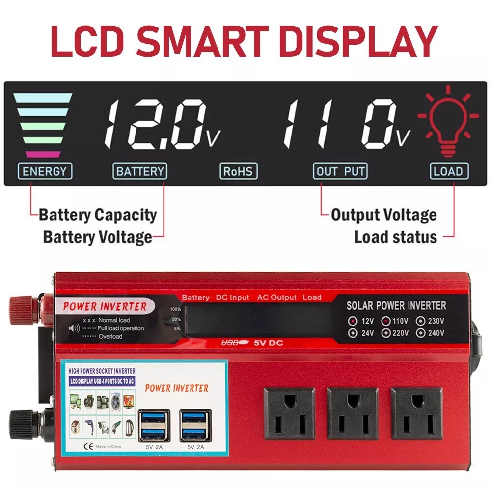 PrePat Car Power Inverter 5000W DC 12V To AC 110V Pure Sine Wave Solar Converter 4 USB