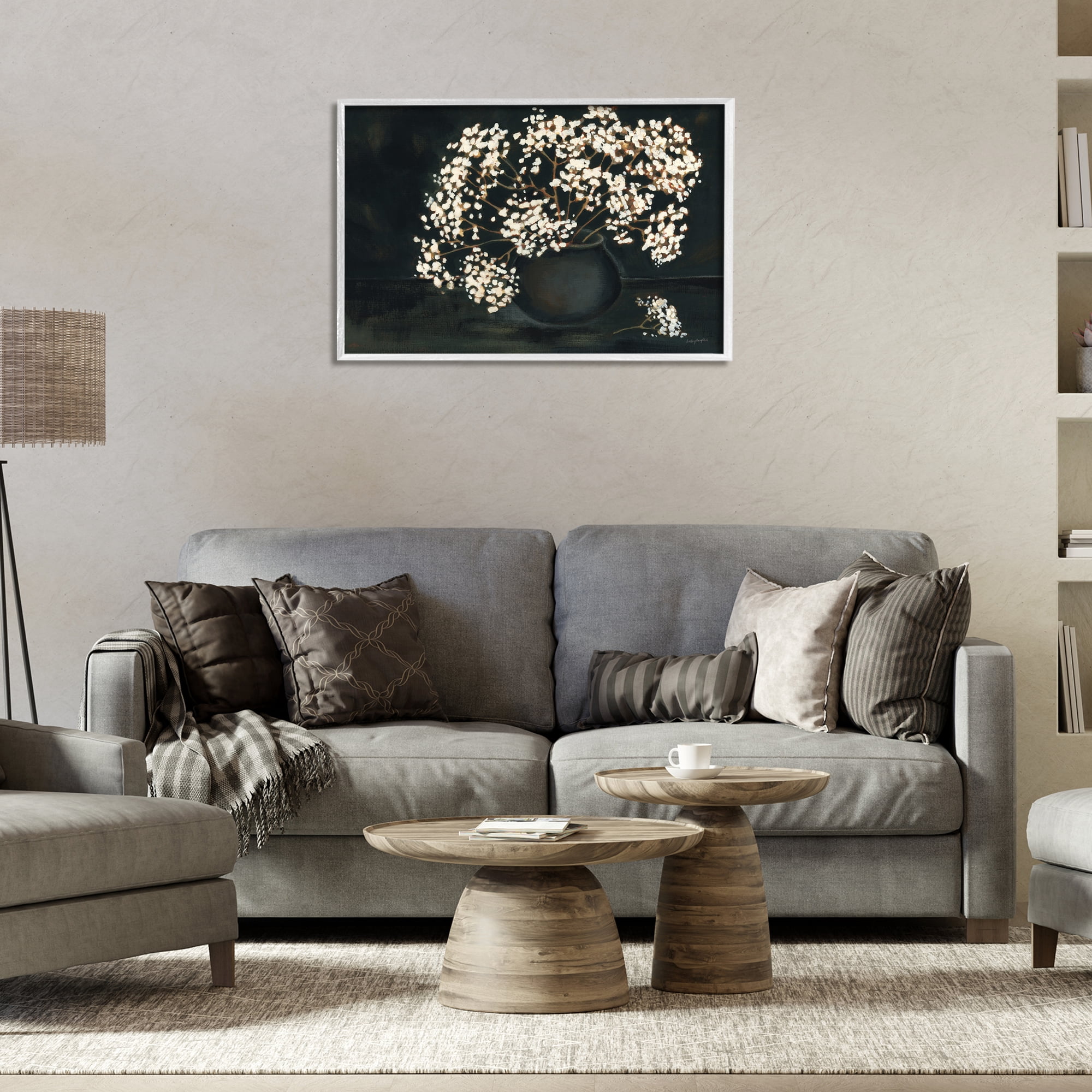 Stupell Industries Baby's Breath on Black Botanical & Floral Painting White Framed Art Print Wall Art, 30 x 20