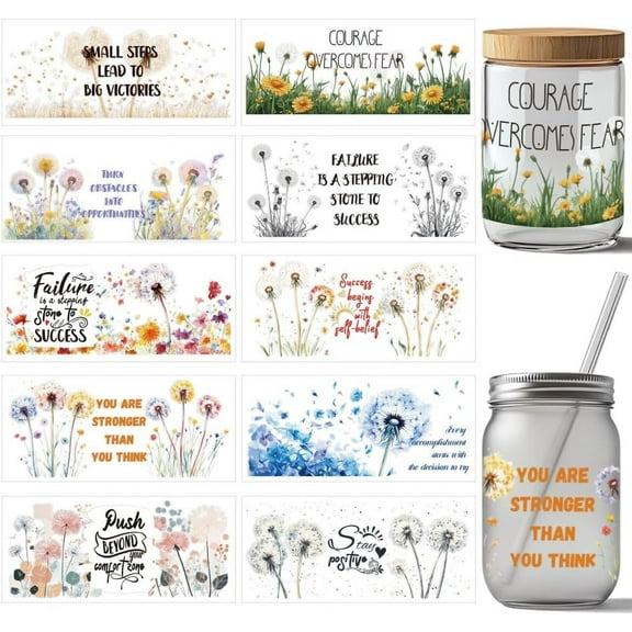 10 Pcs UV DTF Cup Wrap Transfer Sticker 10 Styles Inspiration Words Dandelion Transfer Paper Affirm Yourself Rub on Stickers PVC Cup Wrap Waterproof Decals for Desk Glass 24x11cm/9.4x11inch DIY
