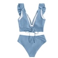 thumbnail image 4 of QUNYINEY Swimsuits for Curvy Women Spaghetti Straps Solid Ruffle Bikinis Bathing Suit High Waisted Two Piece Swimsuit Sets, 4 of 5