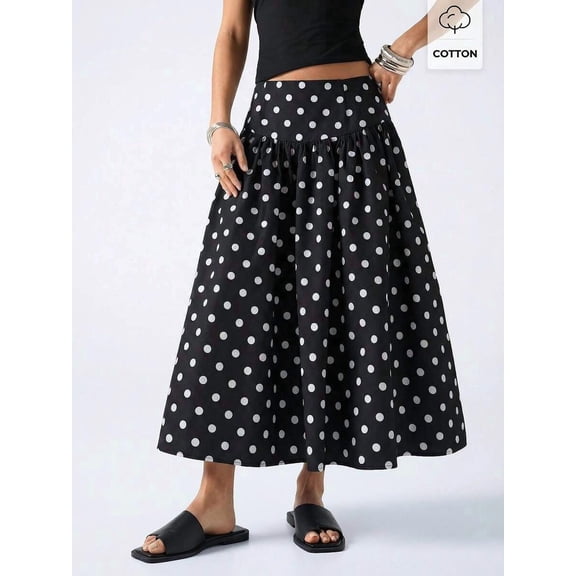 Black Polka Dot A-Line Midi Skirt For Women, Flowing Cotton Skirt With Elastic Waistband