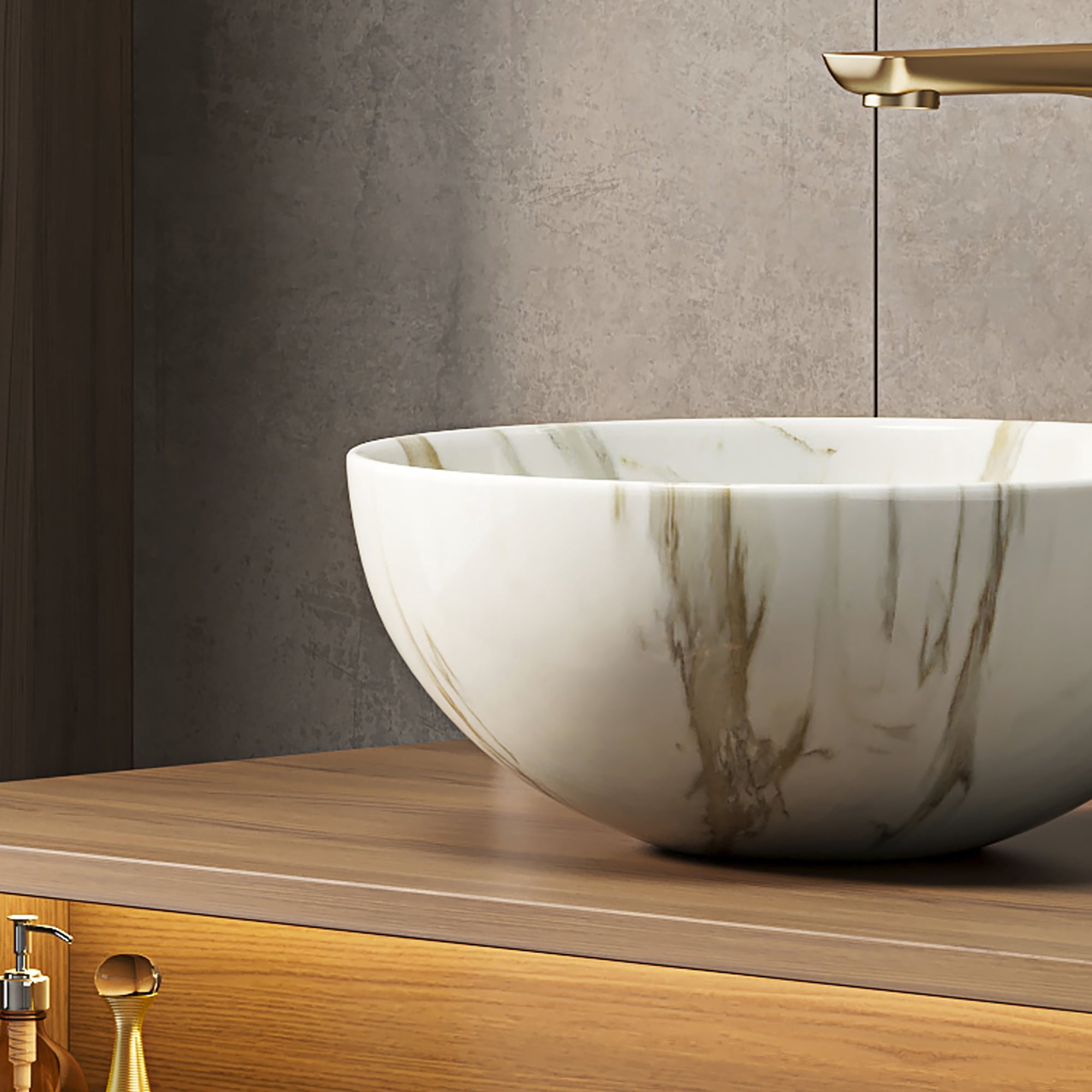 Wohh 14 Inch Bowl Shape Bathroom Sink with Marble Pattern, Small White Ceramic Integrated Countertop Vessel Sink, 14.17 x 5.51 Inch Durable Porcelain Vanity Basin for Vanity Storage Cabinet Use