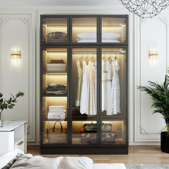 OxyLife Wardrobe Closet with Glass Door and LED Light, 74.8"H Bedroom Wood Armoire