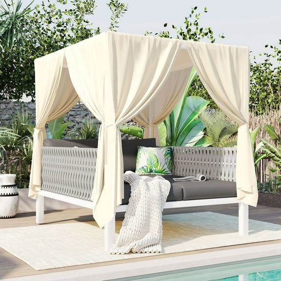 Outdoor Patio Daybed with Canopy Curtains, Rubber Core Rope Weaving Lounger Sunbed with Cushions and Pillows, for Porch, Yard, Garden, Poolside, Gray Beige