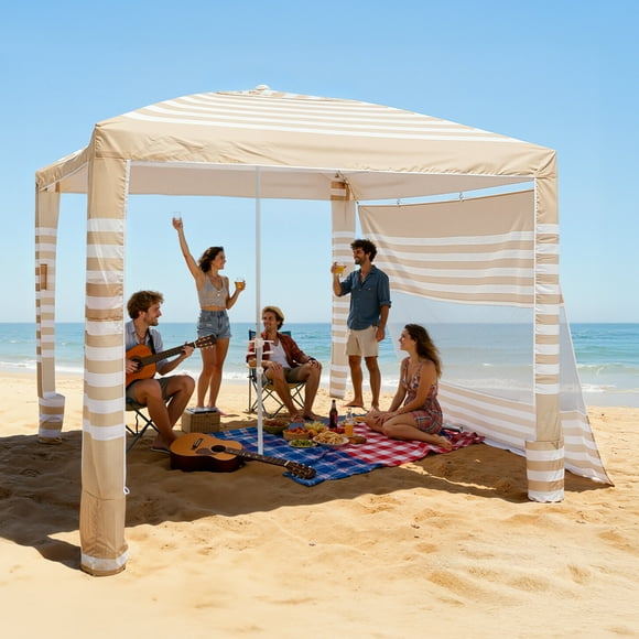 VEVOR Beach Cabana, 8 x 8 ft Beach Canopy with Side Wall, UPF 50+ Protection Easy Setup Cabana Tent with Sand Pockets, Adjustable Height Portable Shade Sun Shelter Umbrella for Whole Family & Friends