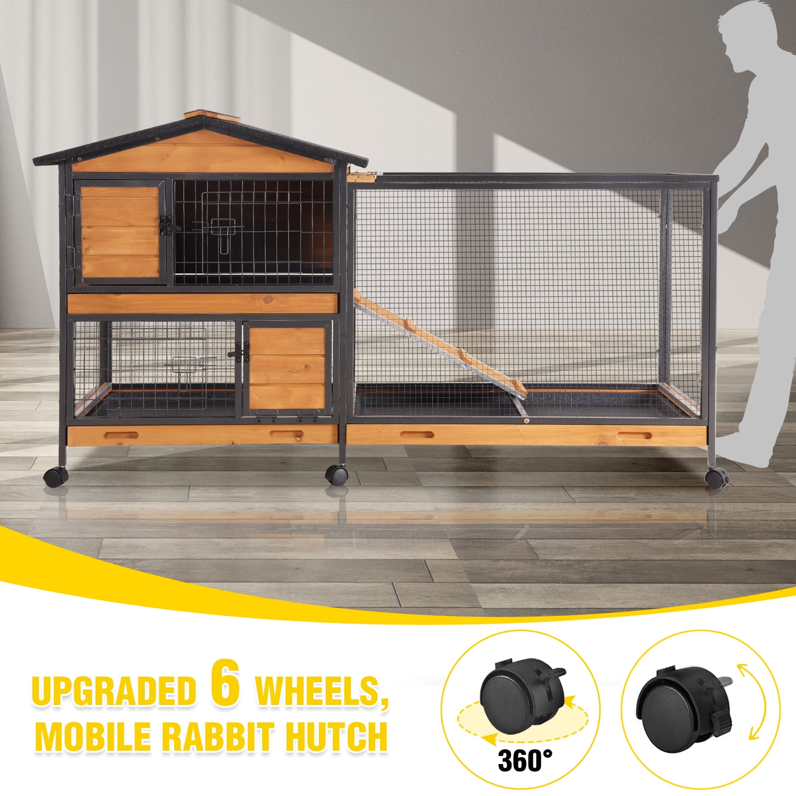 AIVITUVIN 2-Story Rabbit Hutch with Chew-Proof Full Metal Frame for Indoor/Outdoor - 62" Bunny Cage with 6 Locking Casters & 2 Pull-Out Trays for Rabbits, Guinea Pigs, Small Pets (Brown)