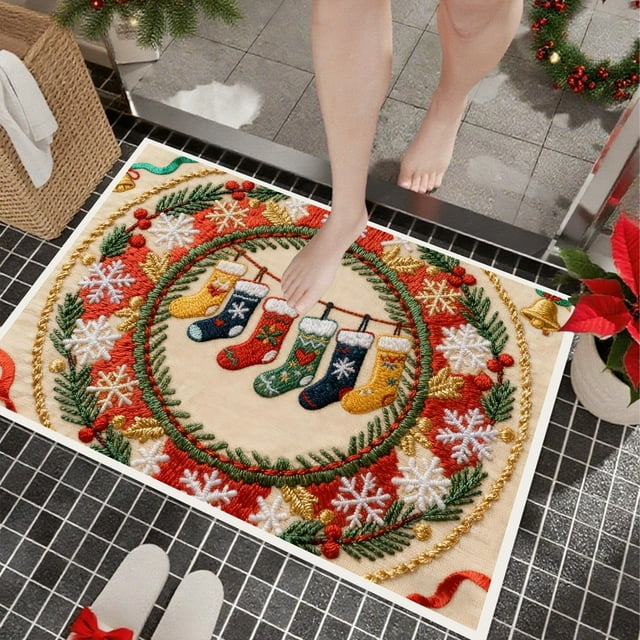 Christmas Embroidered Door Mat 16X24 Inch Nonslip Absorbent Polyester Floor Rug | Stereoscopic Design Dirt Proof Kitchen Entryway Bathroom Mat Holiday Decor