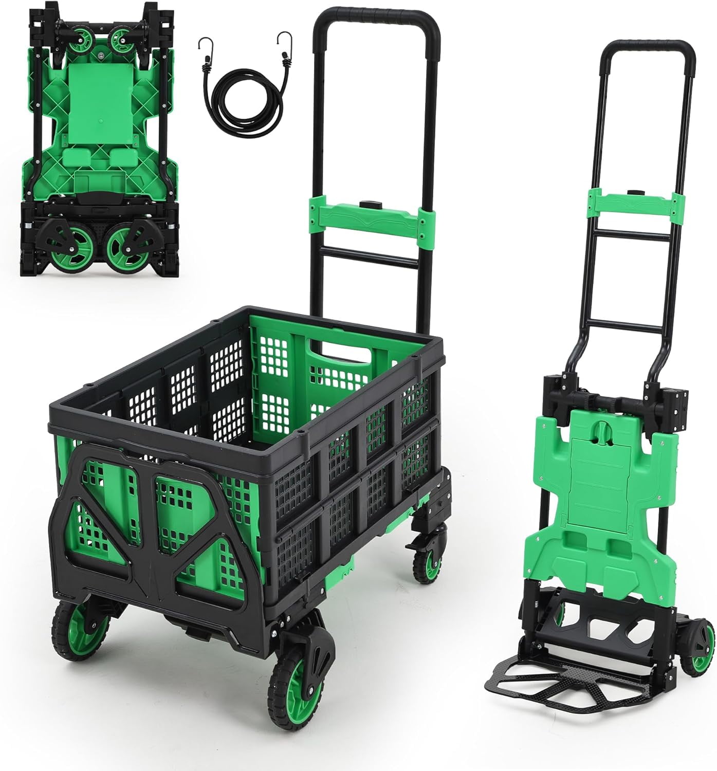 Historyli 2-in-1 Folding Hand Truck Dolly Cart with Wheels, Heavy-Duty Foldable Grocery Cart with Retractable Handle, Green