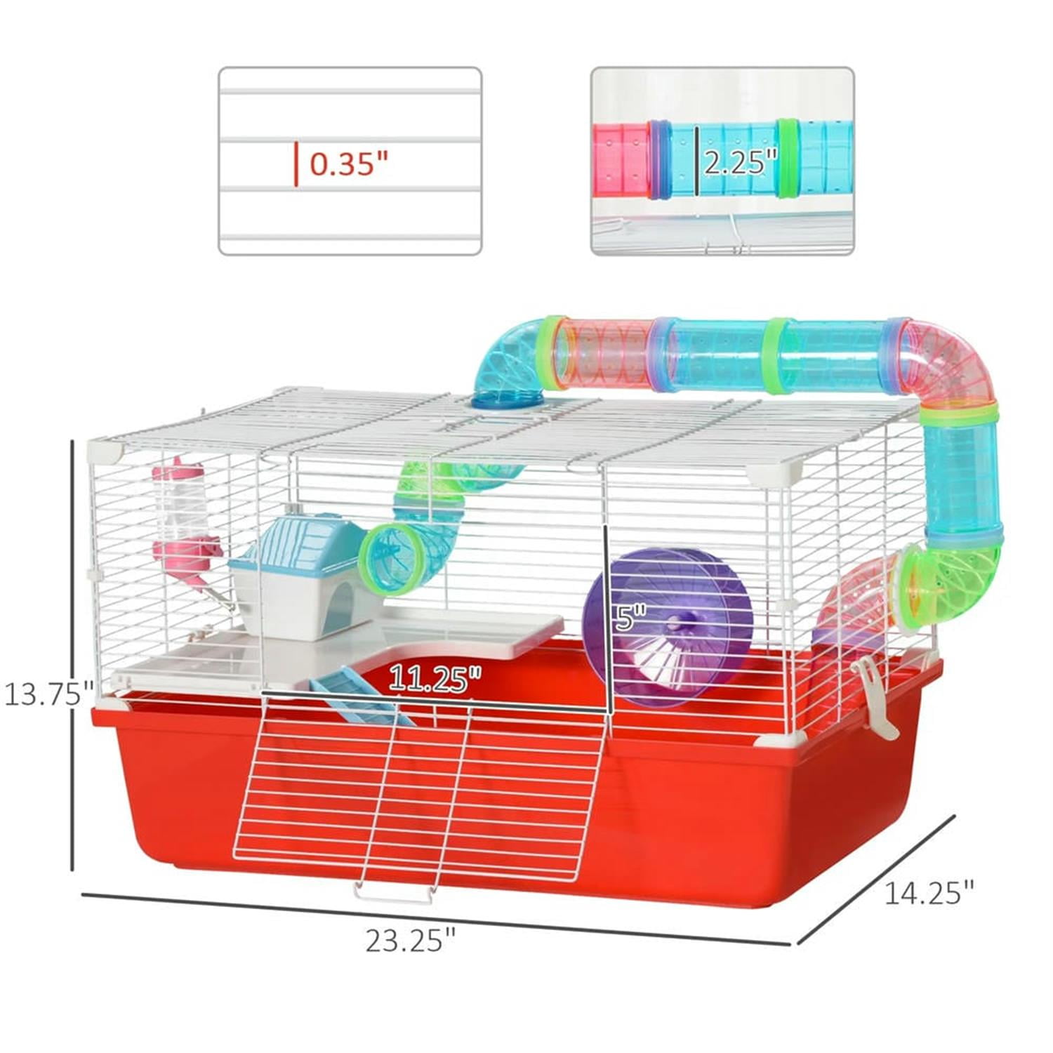 Kadyn 23" 2 Tiers Hamster Cage, Rodent Gerbil Mouse Mice Rat Wire Cage with Exercise Wheels and Water Bottle for Small Animal Habitats, Red