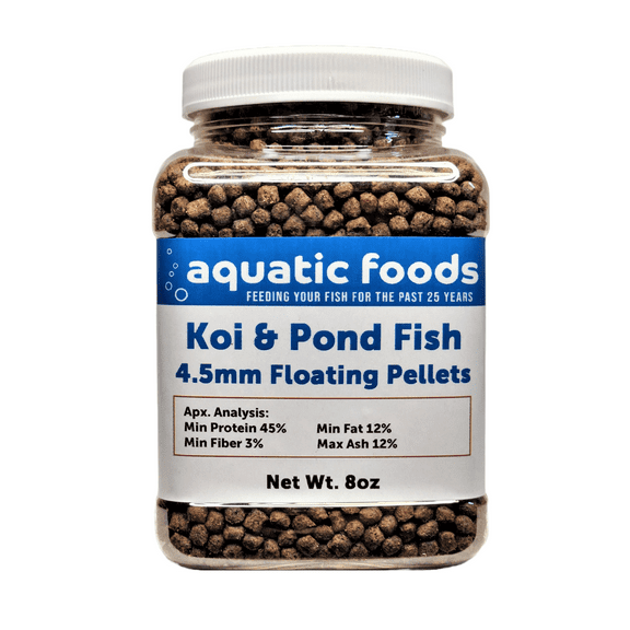 Koi and Pond Fish Pellet Food, 45% Protein 4.5mm Floating Koi Pond Pellets…8oz Small Jar