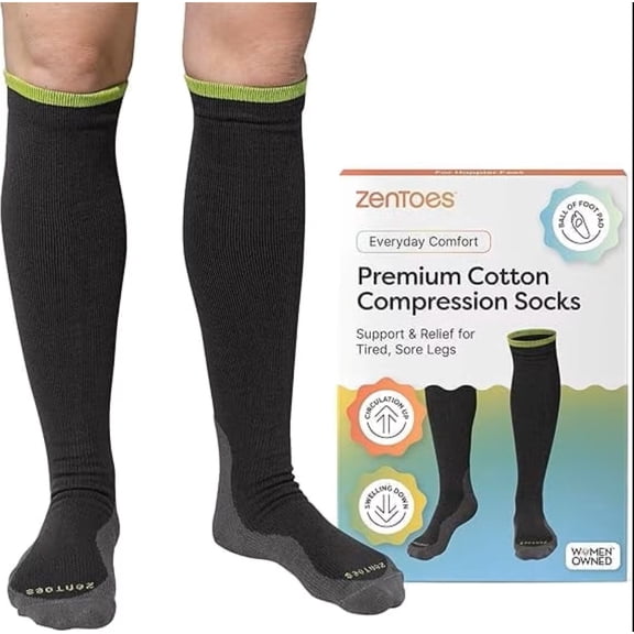 ZenToes Compression Socks for Men & Women, 15-20 mmHg Knee High Support Stockings with Ball of Foot Cushion, Graphite, Large, 1 Pair