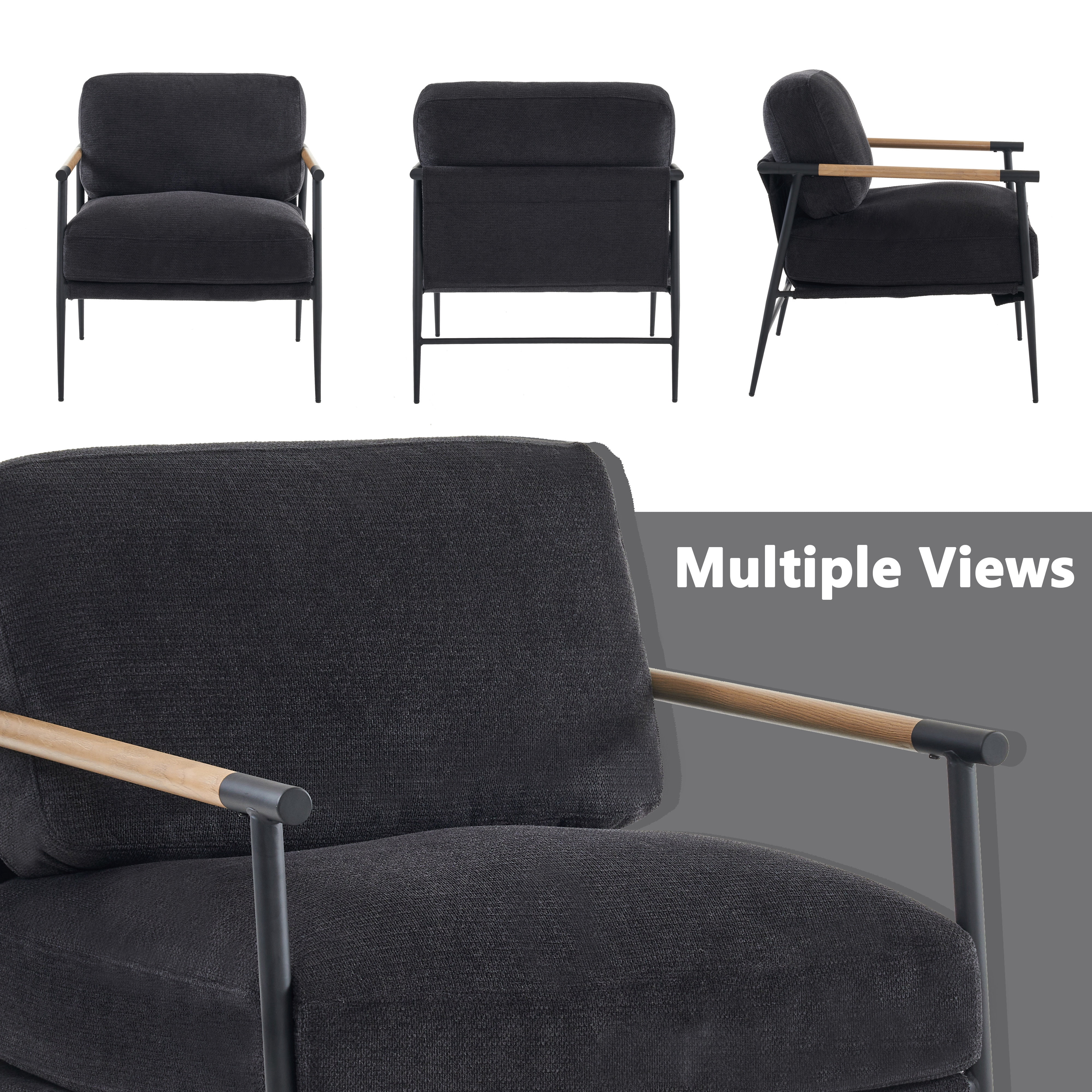 Othniel Black Accent Chair Armchair Chenille Mid Century Modern Accent Chair Metal Leg Comfy Cushion for Living Room